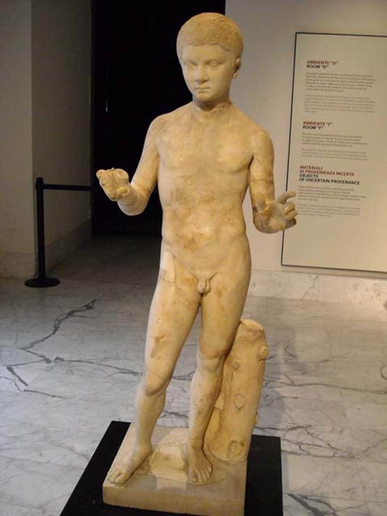 Villa dei Papiri, Herculaneum. Marble statue of a boy, possibly a son of Lucius Calpurnius Piso Pontifex.
Found in 1751, at south west corner.
Now in Naples Archaeological Museum. Inventory number 6105.
